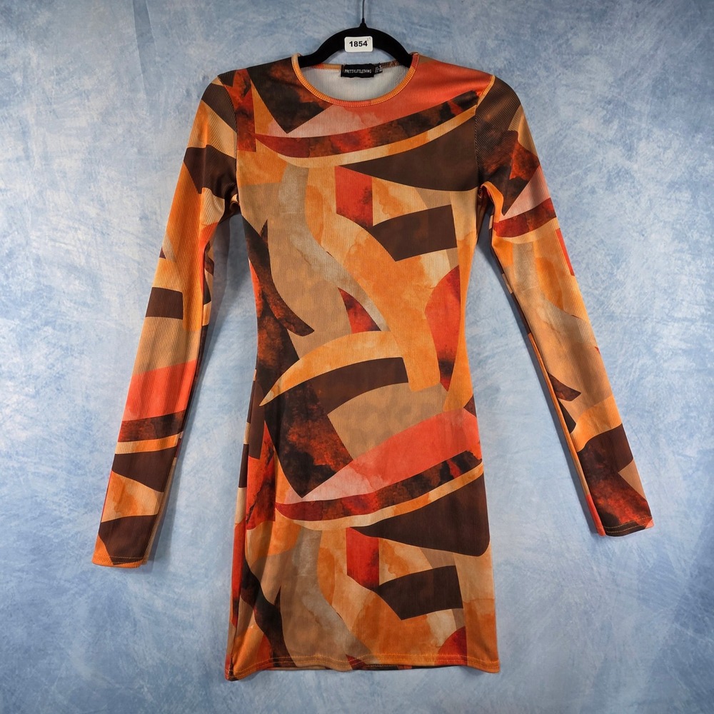 PrettyLittleThing Womens Abstract Geometric Ribbed Long Sleeve Mini Dress Orange